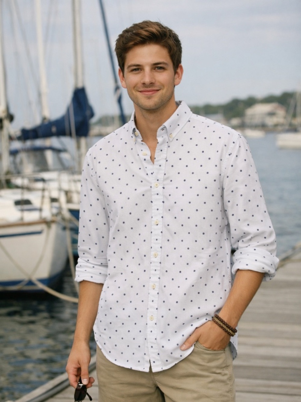 Scotch & Soda White Button-Down Shirt with Navy Dot Print